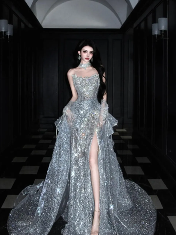 Silver Sequin Shiny Ball Gown Strapless Long Sweep Prom Dress Evening Dress Party Dress HZ1023